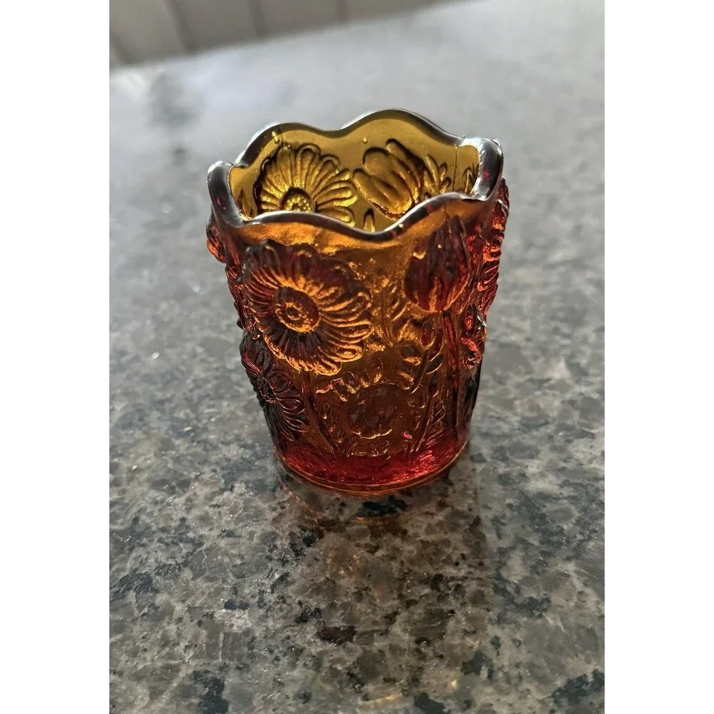 Vintage 1970s Country Store Products Amber Glass Sunflower Toothpick Candle
